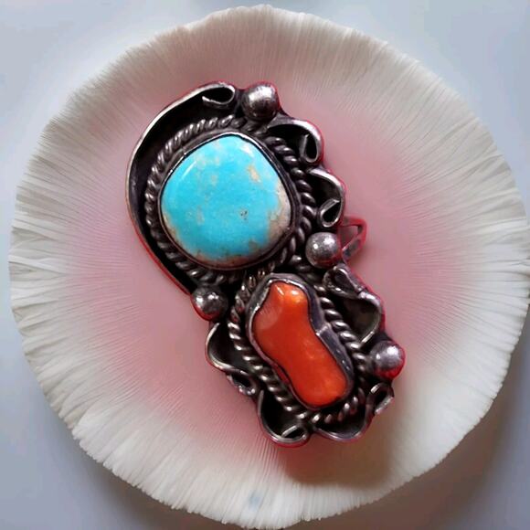 Jewelry - Vtg Navajo Native American Sterling Silver Turquoise Mediterranean Coral Ring 7"
